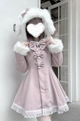 Pink Long Sleeves Bowknot Rabbit Ears Detachable Hooded Japanese Jirai Kei Coat